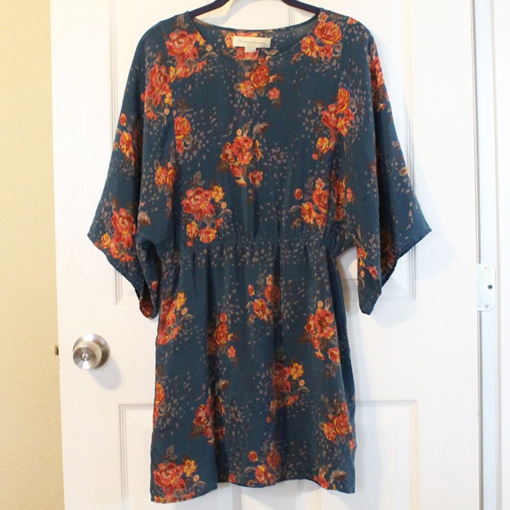 Anthro Champagne & Strawberry Floral Silk Dress